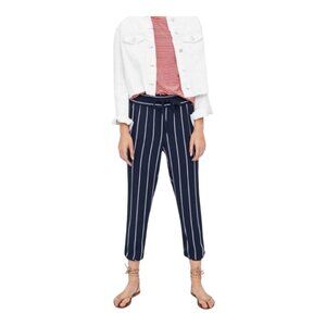 Zara Striped High Rise Tapered Leg Cropped Pants in Navy Blue & White Women's S